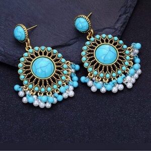 Southwestern Round Gold & Turquoise, Simulated, Boho Beaded Tassel Earrings